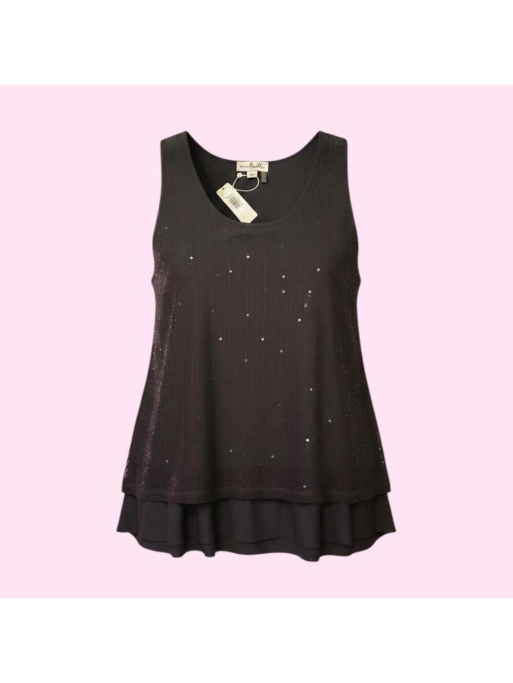 Vintage Y2K Black Sleeveless Sequin Tank Top with Layered Hem